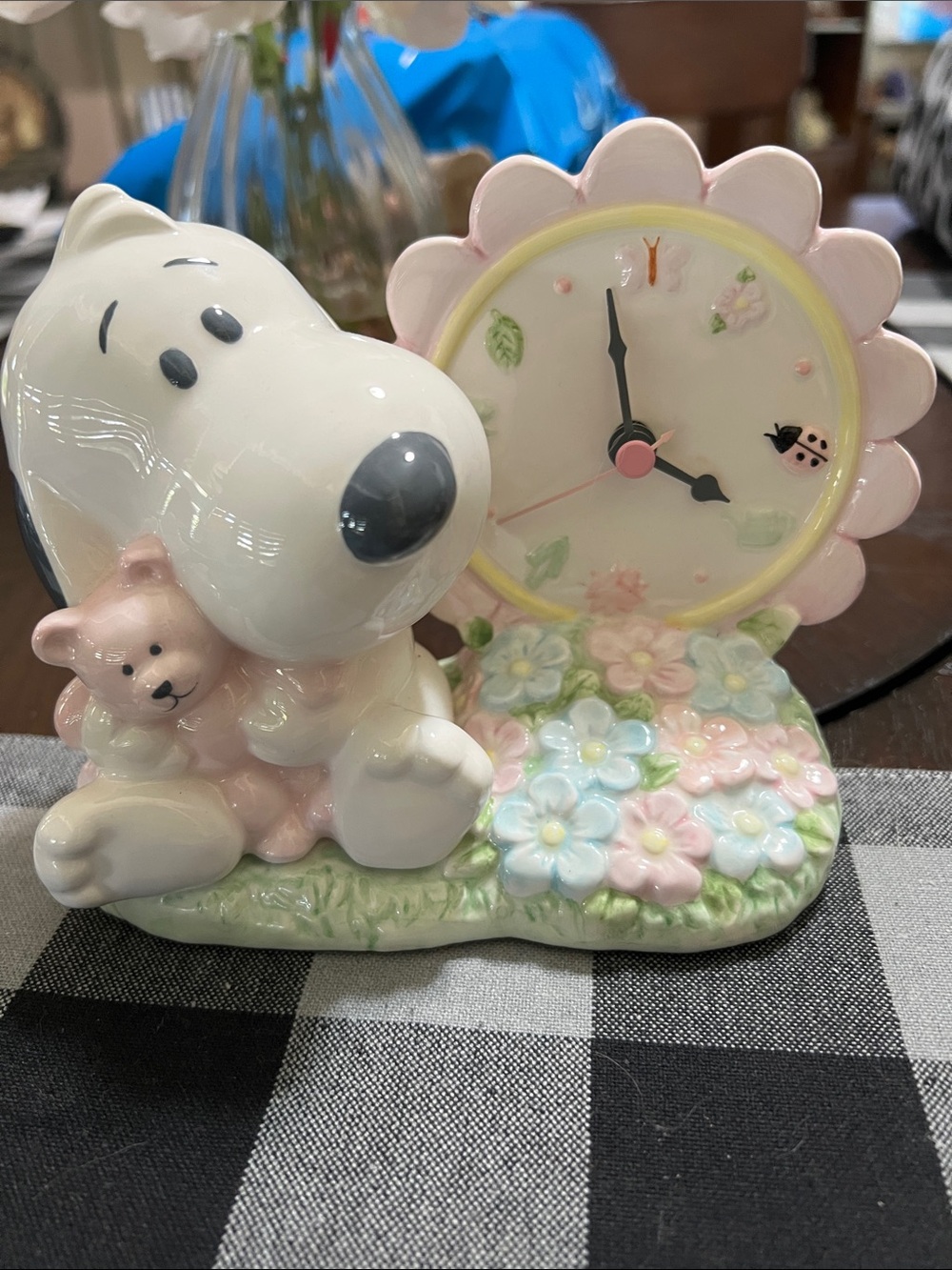 New Hallmark PEANUTS Pastel Pink & Blue Ceramic Bear Flower Clock